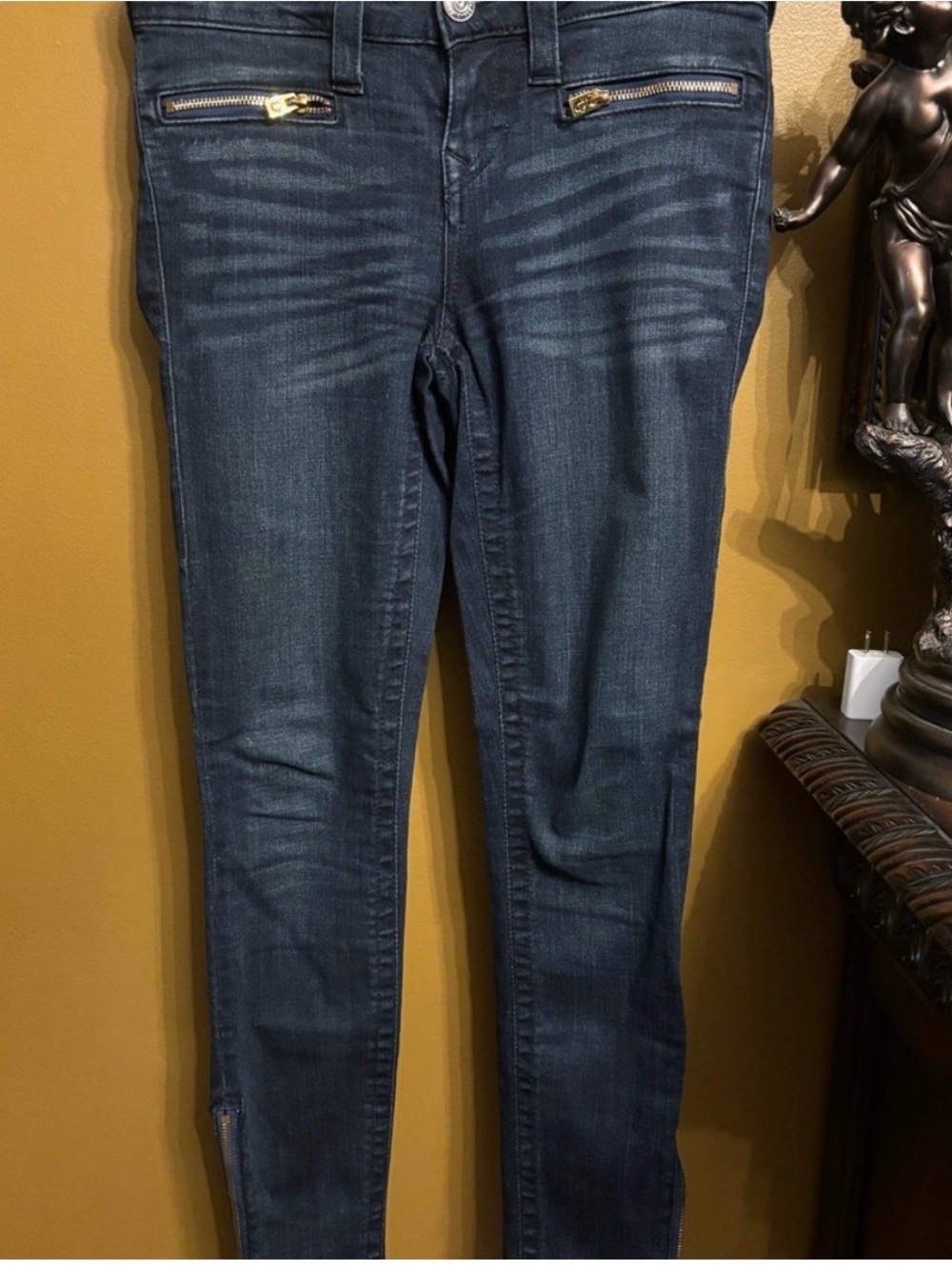 True Religion Dark Indigo Skinny Jeans with Gold Zipper Accents